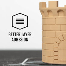 Load image into Gallery viewer, Hatchbox PLA 3d print of a castle in Matte Kraft. Matte Kraft is tan. Better Layer Adhesion is written to the side of the castle.