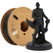Load image into Gallery viewer, Spool of PolyTerra PLA 3D printer filament in charcoal black, with a 3D printed figurine in front, of the same filament.