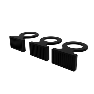 Back diagonal view of three 3d renders of Glue-able Single Frag Plug holders in black.