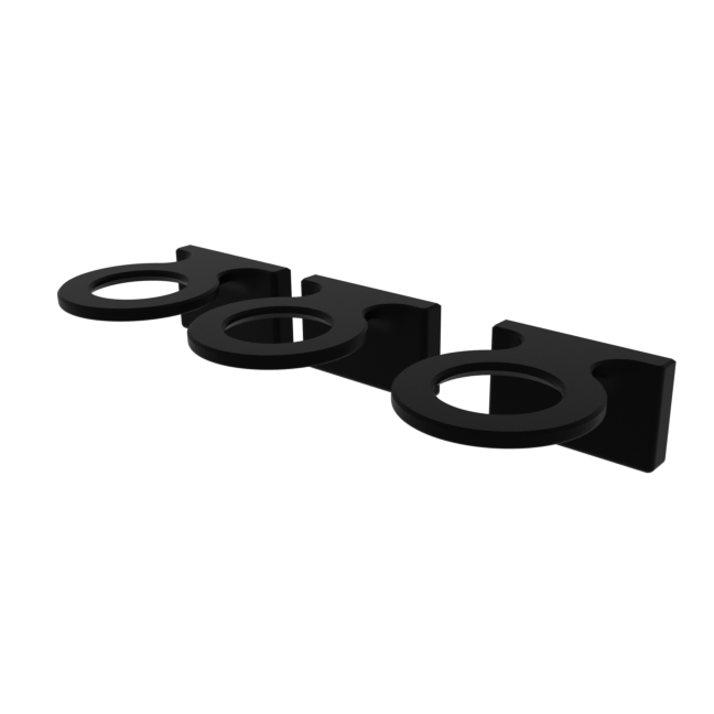 Front diagonal view of three 3d renders of Glue-able Single Frag Plug holders in black.