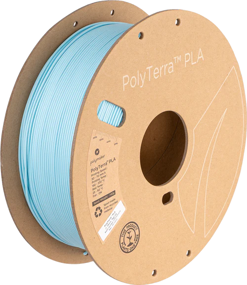 Spool of PolyTerra PLA 3D printer filament in ice. Ice is a light blue. 