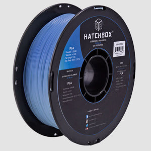 Hatchbox PLA 3d printer filament in UV Blue. Written underneath the color, it says UV Sensitive.