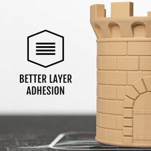Load image into Gallery viewer, Hatchbox PLA 3d print of a castle in Matte Kraft. Matte Kraft is tan. Better Layer Adhesion is written to the side of the castle. 
