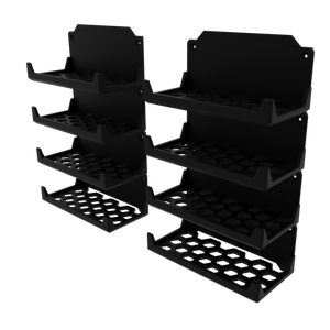 3D render of eight power brick mount, in black, showing off their stackability. 