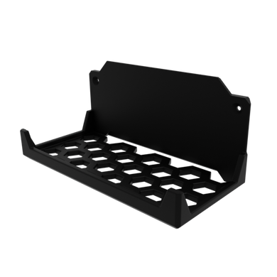 3D render of power brick stackable mount, in black, front asymmetrical view.