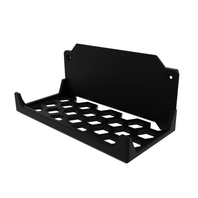 3D render of power brick stackable mount, in black, front asymmetrical view.