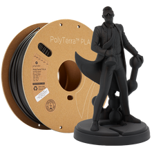 Load image into Gallery viewer, Spool of PolyTerra PLA 3D printer filament in charcoal black, with a 3D printed figurine in front, of the same filament. 

