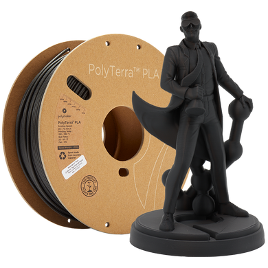 Spool of PolyTerra PLA 3D printer filament in charcoal black, with a 3D printed figurine in front, of the same filament. 
