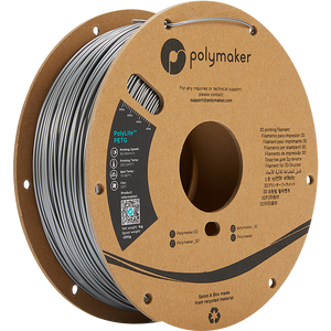 Spool of PolyLite PETG 3D printer filament in silver. 
