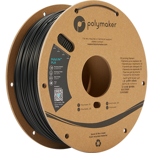 Spool of PolyLite PLA 3D printer filament in black. 