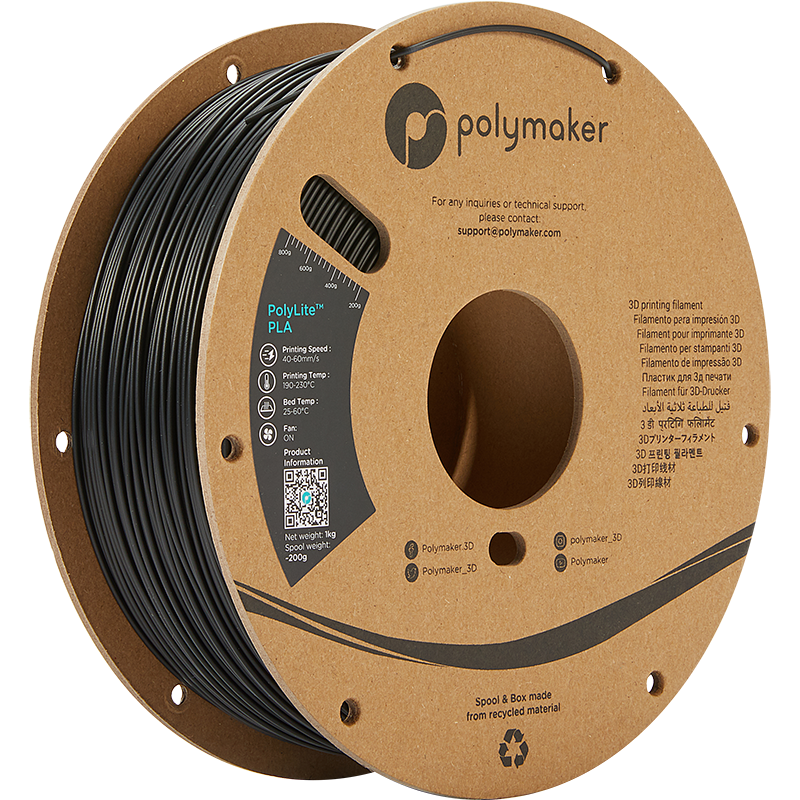 Spool of PolyLite PLA 3D printer filament in black. 