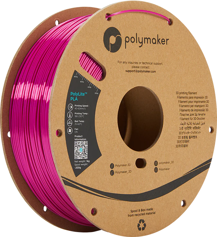 Spool of PolyLite PLA 3D printer filament in silk magenta.