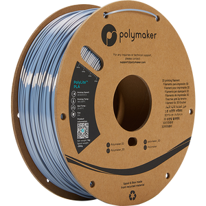 Spool of PolyLite PLA 3D printer filament in silk silver. 