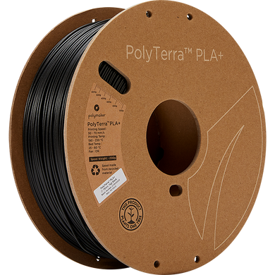 A spool of PolyTerra PLA+ 3D printer filament in black. 