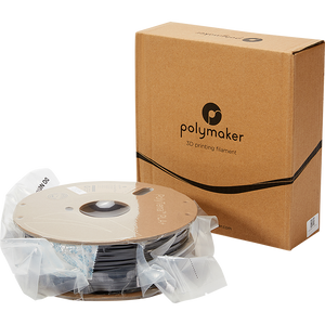 Whole package of PolyTerra PLA+ 3D printing filament, including box and spool, in black. 