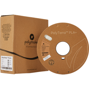 Whole package of PolyTerra PLA+ 3D printing filament, including box and spool, in white.