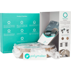 Whole package of PolyWood 3D printer filament, including box and filament.