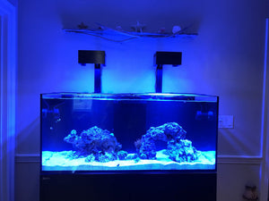 Two 3d Printed black AI Hydra 26 HD Light shades installed over a fish tank.